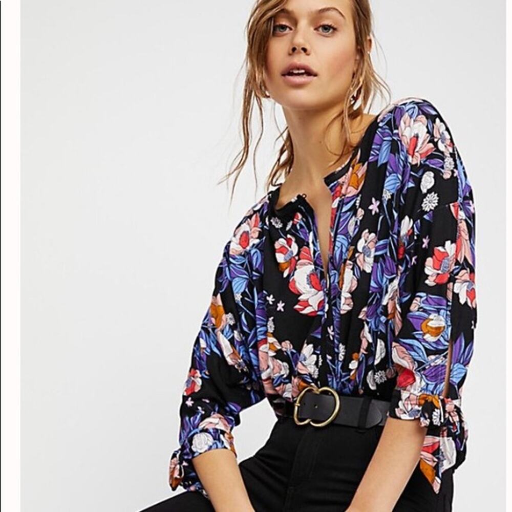 Free People Keepin On Top Womens Size XS Black Multicolor Floral Oversized Boho